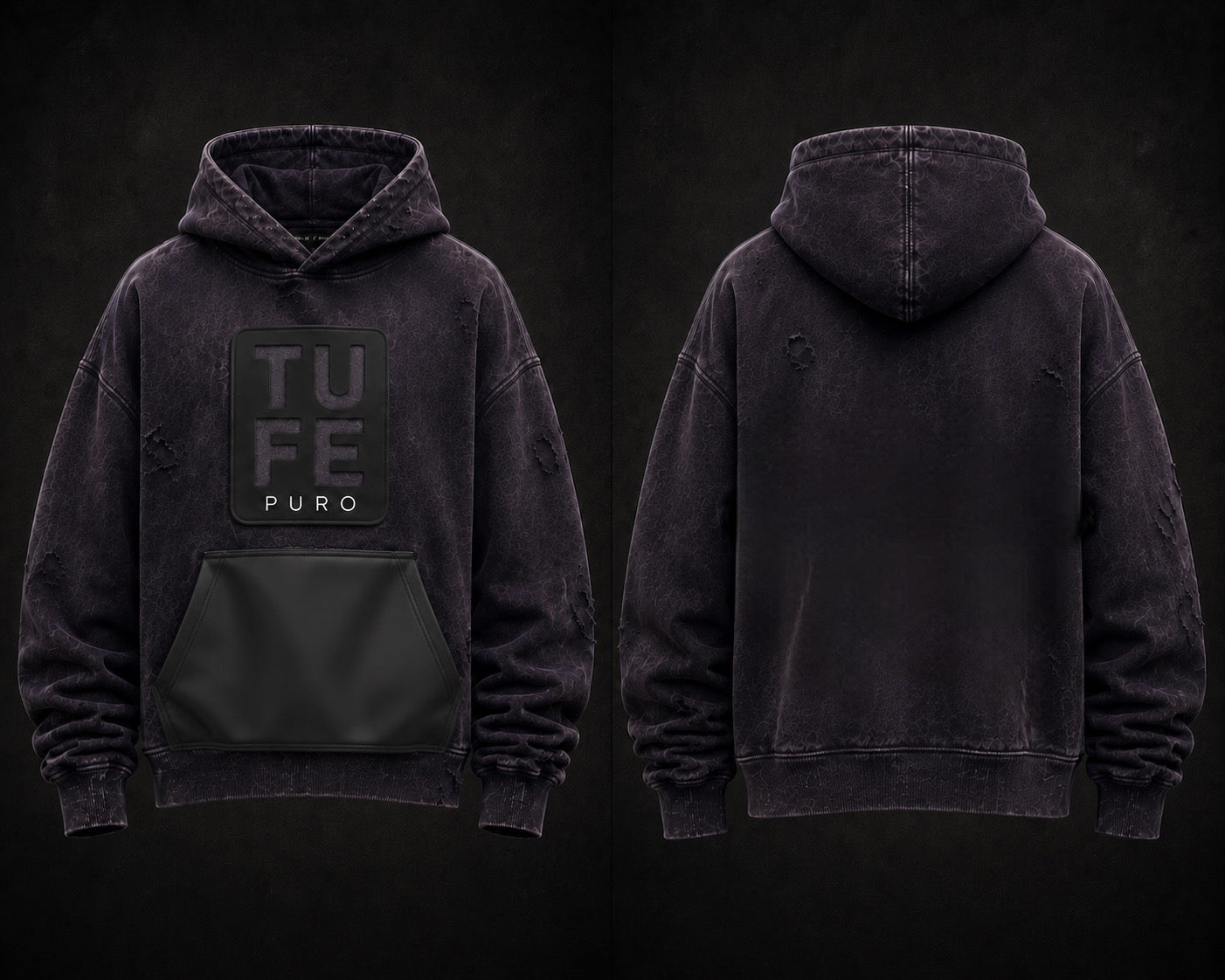 Black Distressed Oversized Hoodie - Tufe Puro Leather Pocket