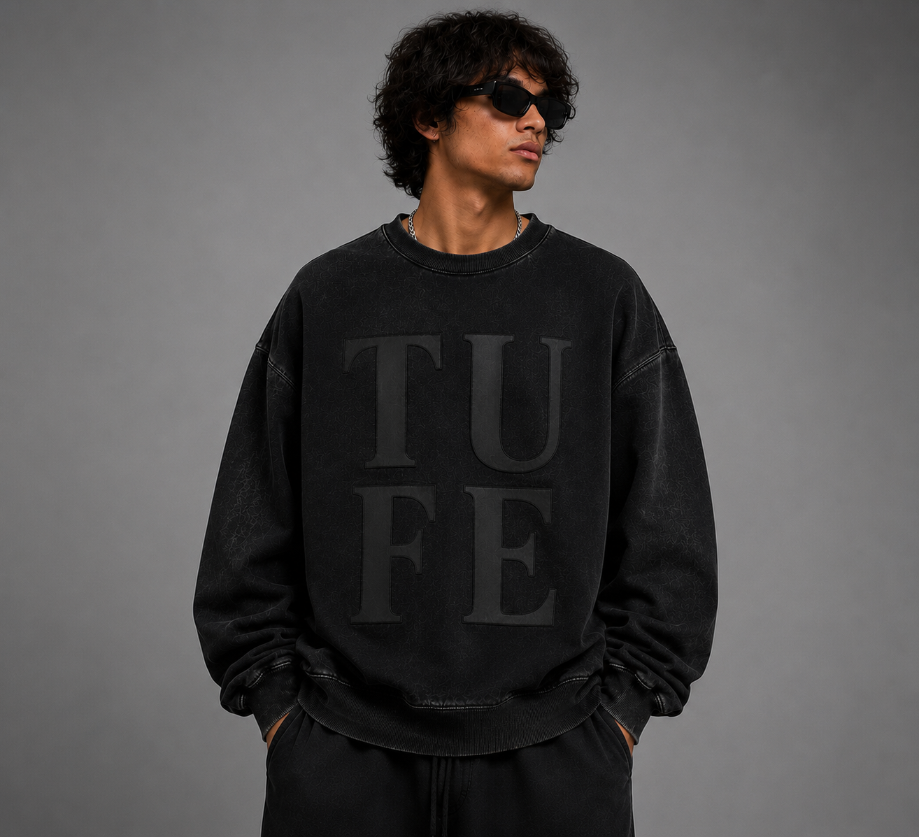 TU FE Vintage Oversized Sweatshirt – Matte Black Edition