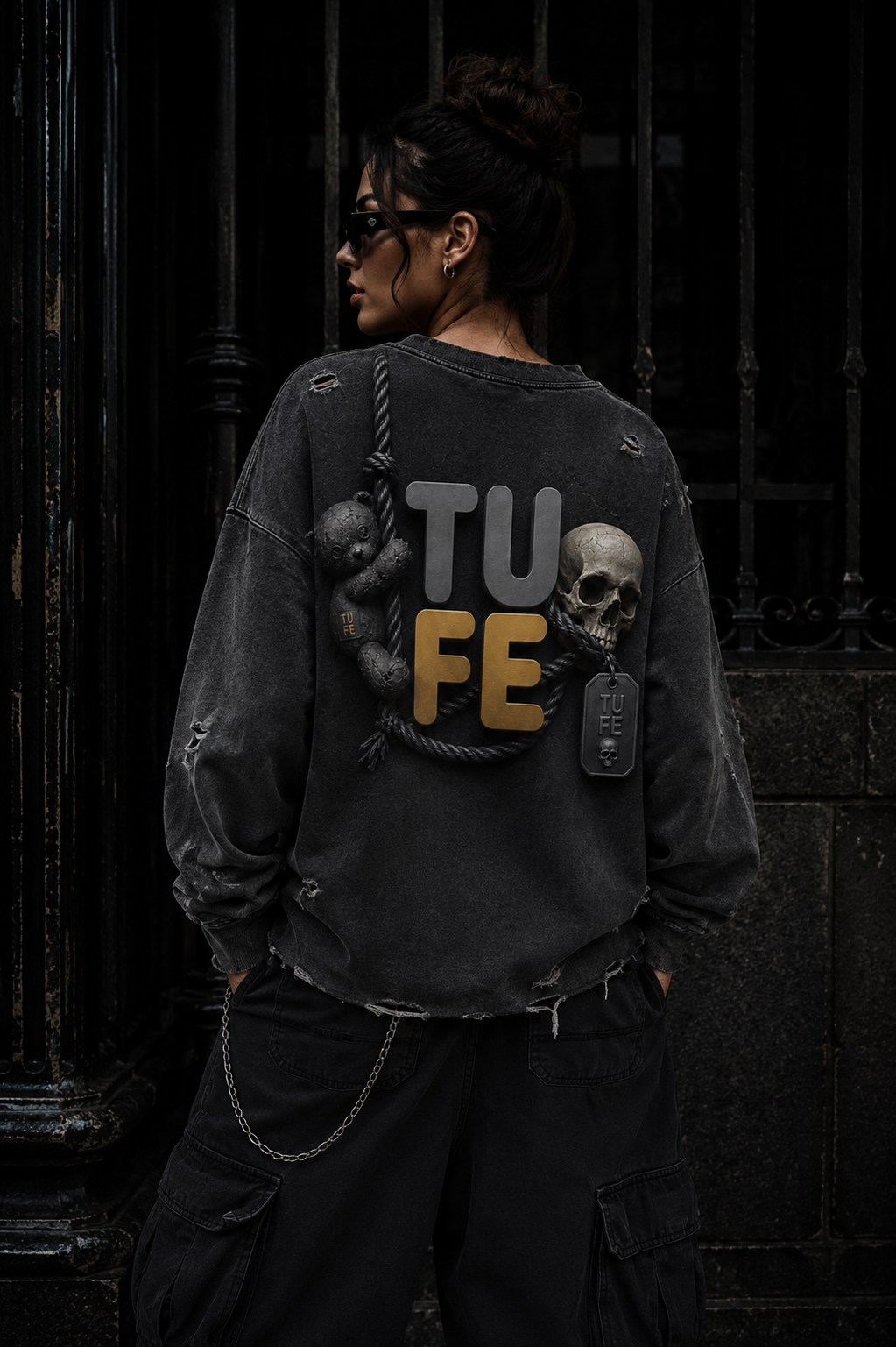 TU FE – Washed Skull Distressed Sweatshirt