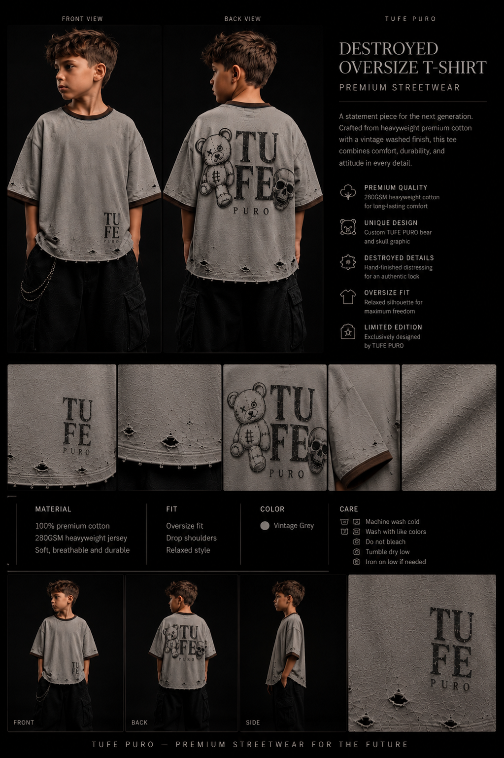 TU FE | PURO Kids Oversized Distressed T-Shirt