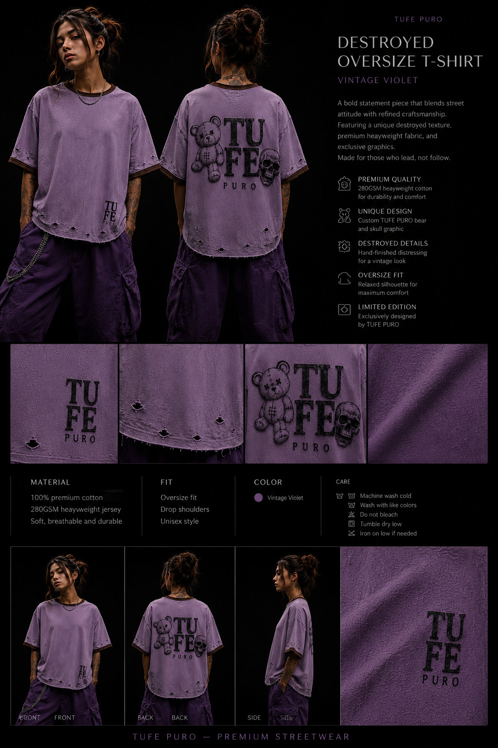 TU FE | PURO Vintage Violet Oversized Distressed T-Shirt