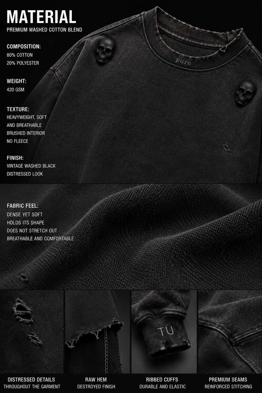 TU FE – Washed Skull Distressed Sweatshirt