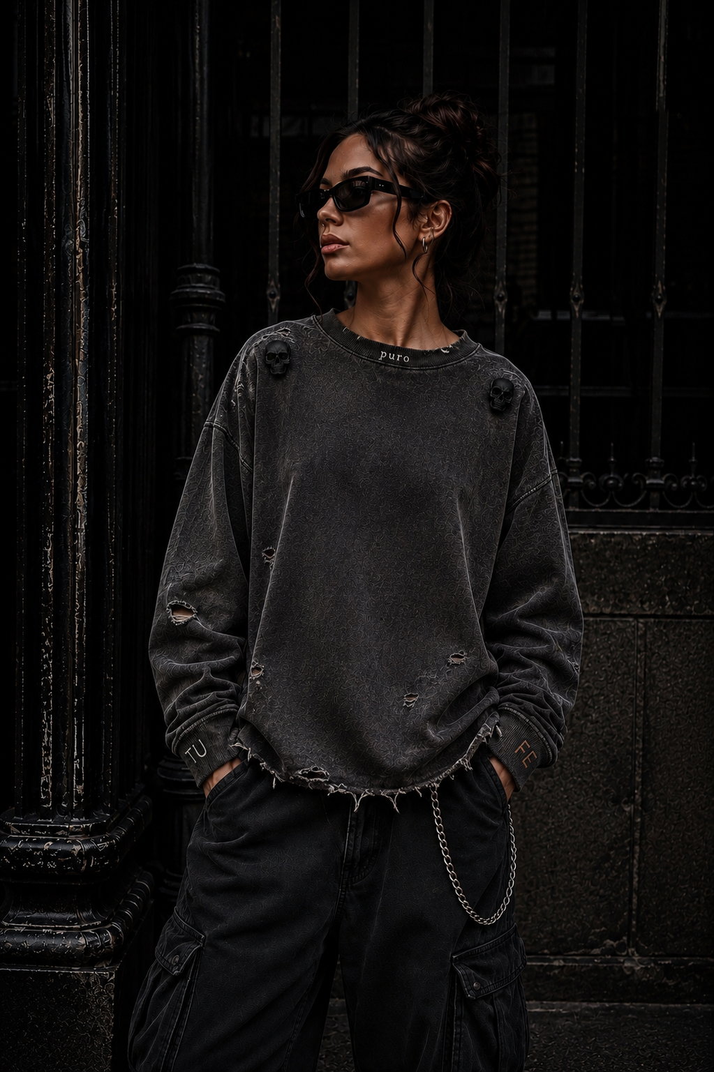TU FE – Washed Skull Distressed Sweatshirt