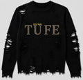 Black Distressed Knit Sweater - Puro Tufe Destroyed Embroidery