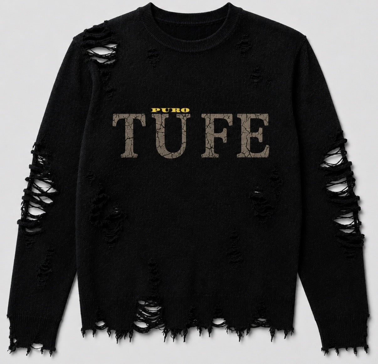 Black Distressed Knit Sweater - Puro Tufe Destroyed Embroidery