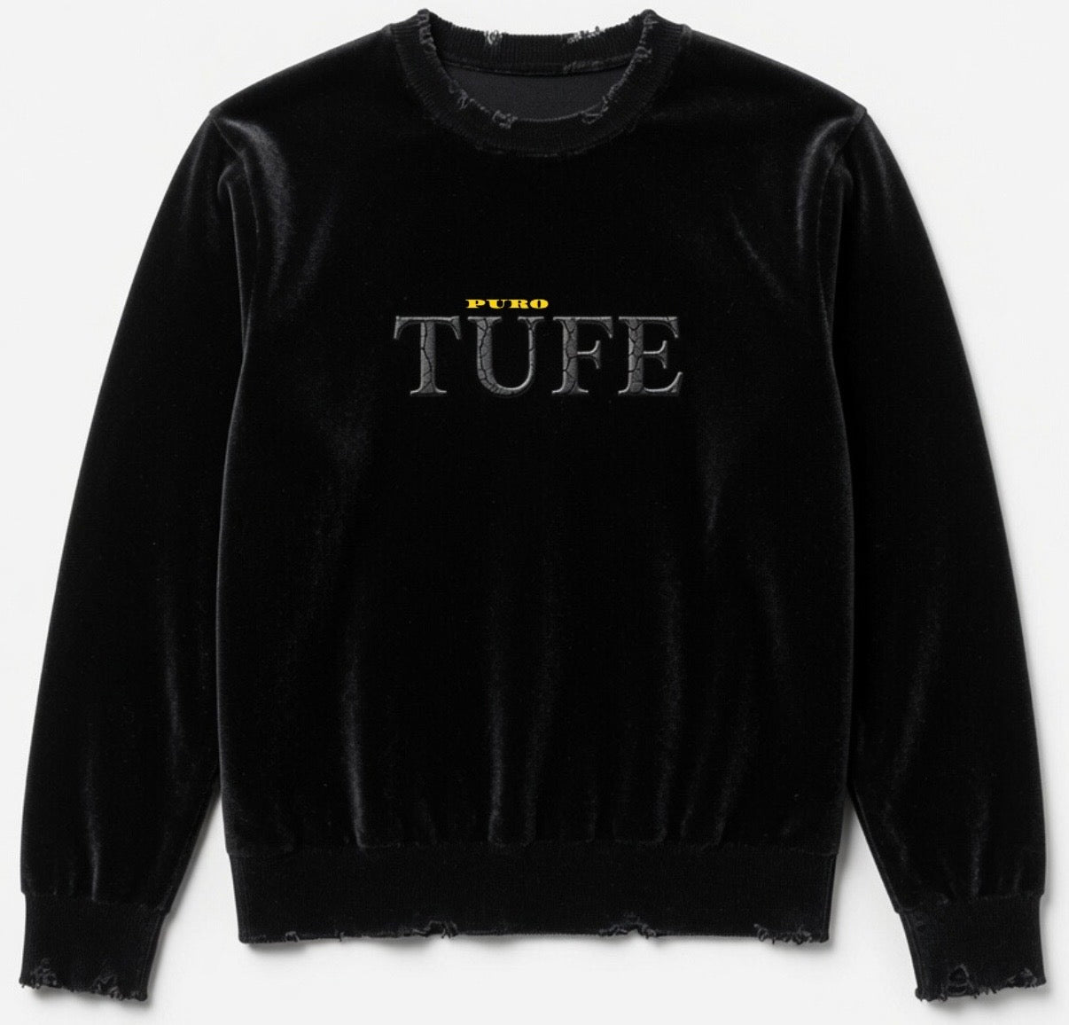 Black Velvet Distressed Crewneck Sweatshirt - Puro Tufe Embroidery