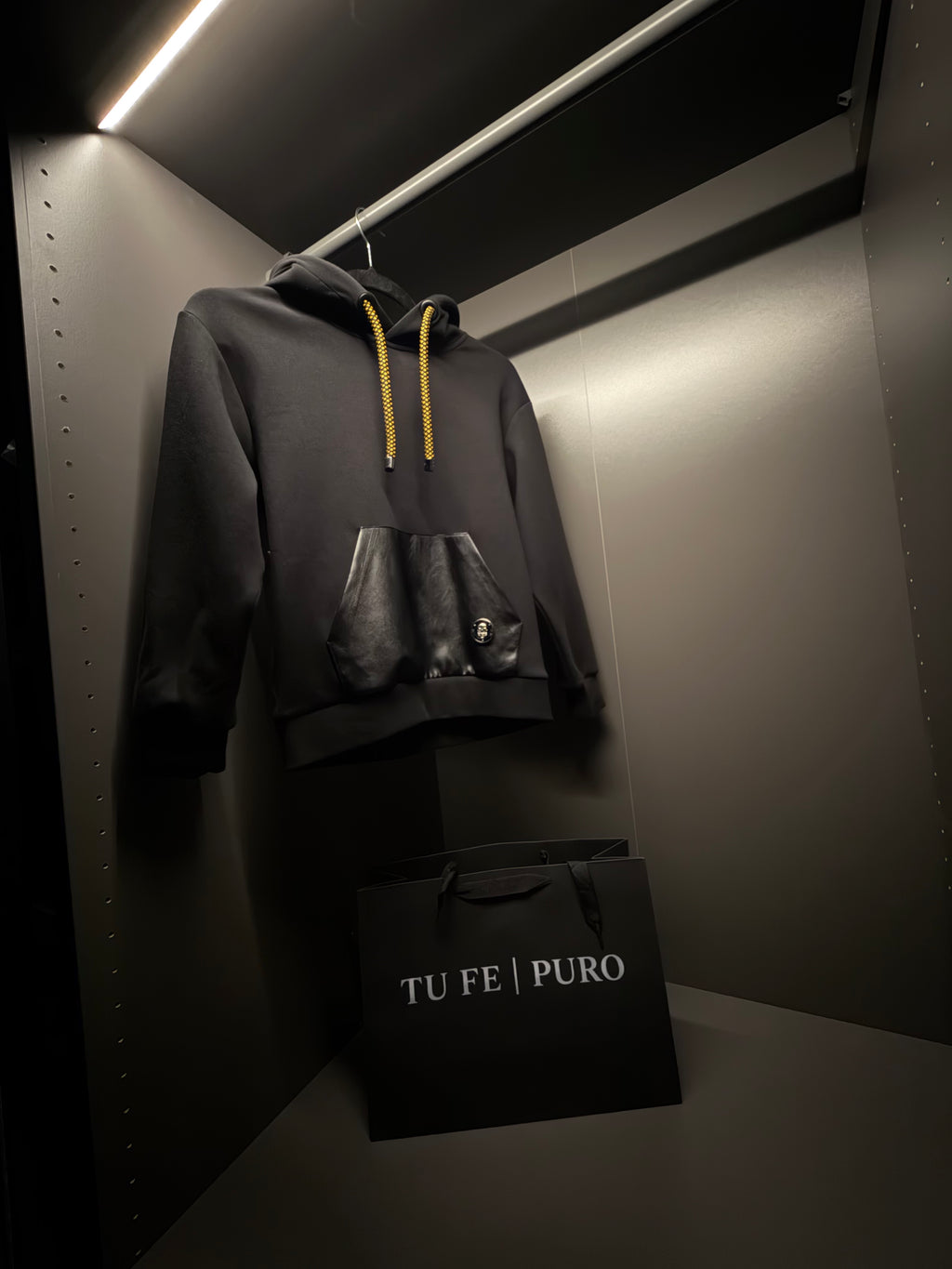TU FE | PURO — Kids  Black Hoodie with Leather-Look Pocket