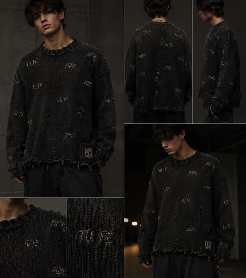 TU FE DISTRESSED KNIT SWEATER