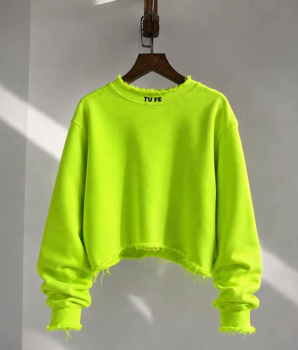 TU FE Distressed Cropped Sweatshirt – Neon Lime